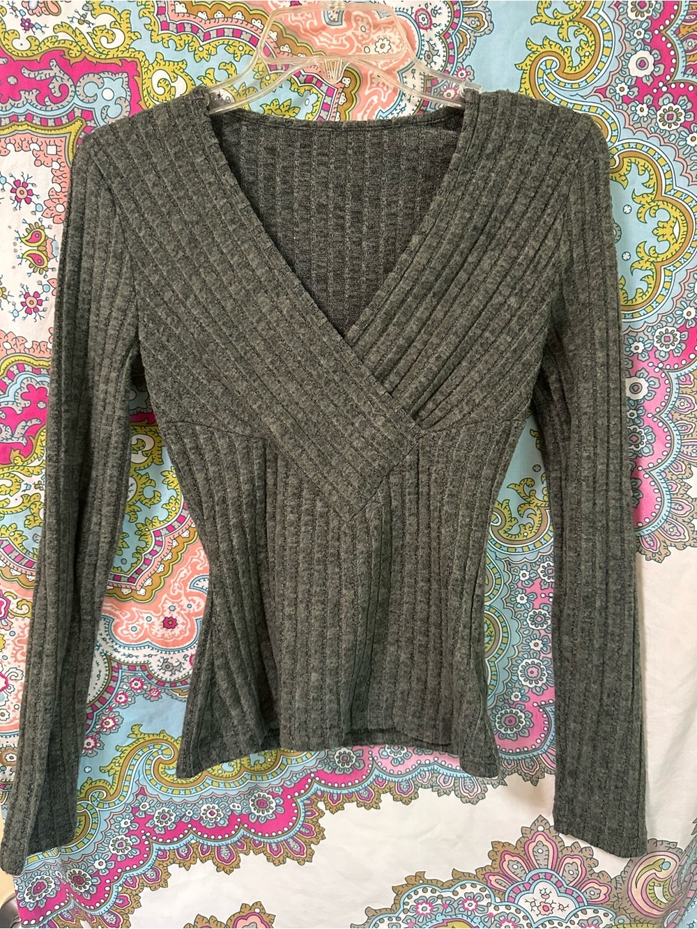 SHEIN Charcoal Ribbed Crossover V-Neck Sweater